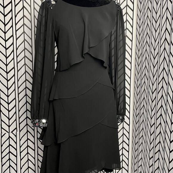SLNY Long Sleeve Layered Ruffle Knee Length Dress Women's 10 Black Beaded NEW - Picture 2 of 8